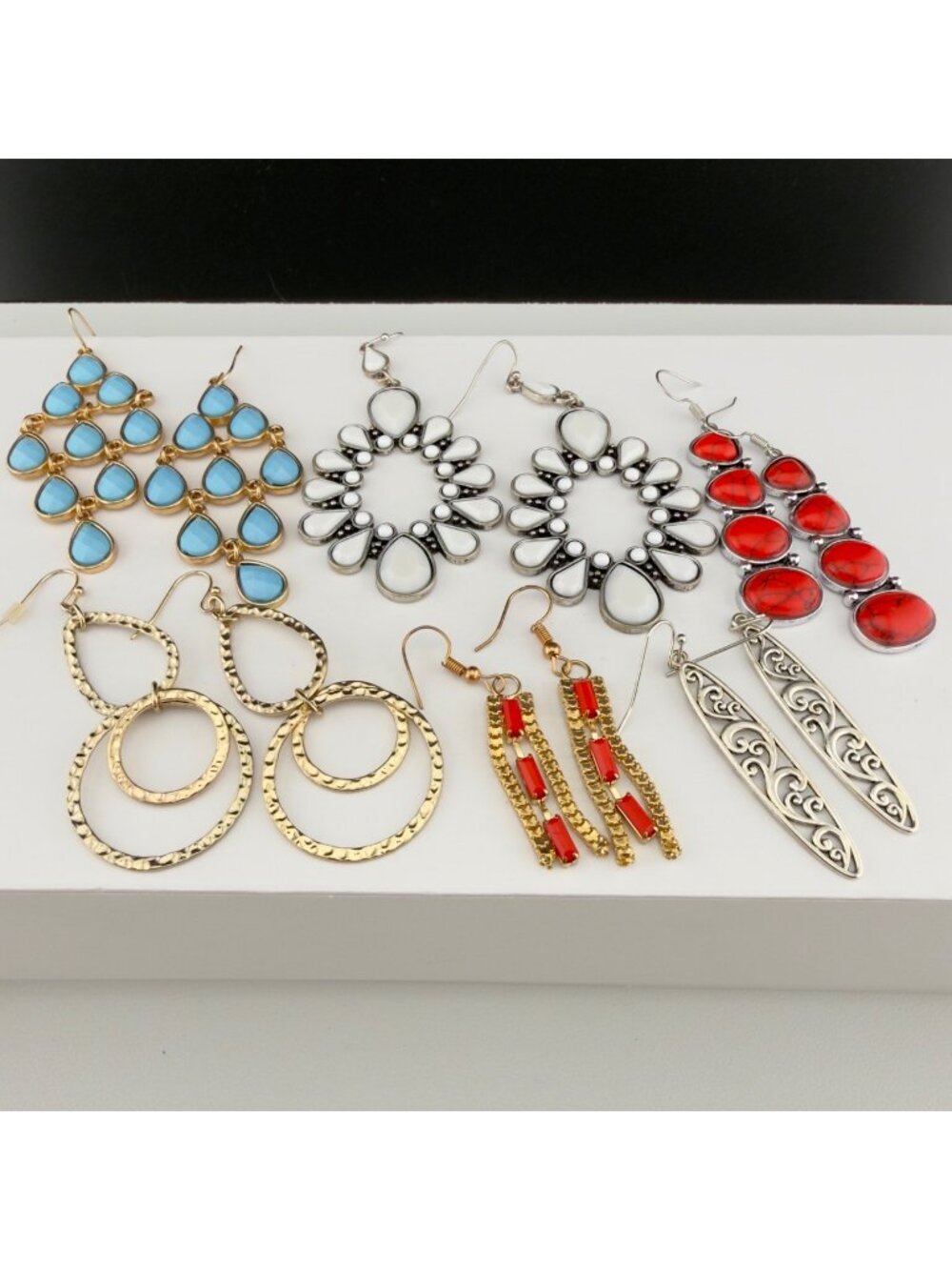 Boho Dangle Drop Chandelier Earrings Set of 6 Mixed Metal Red Blue White Pierced
